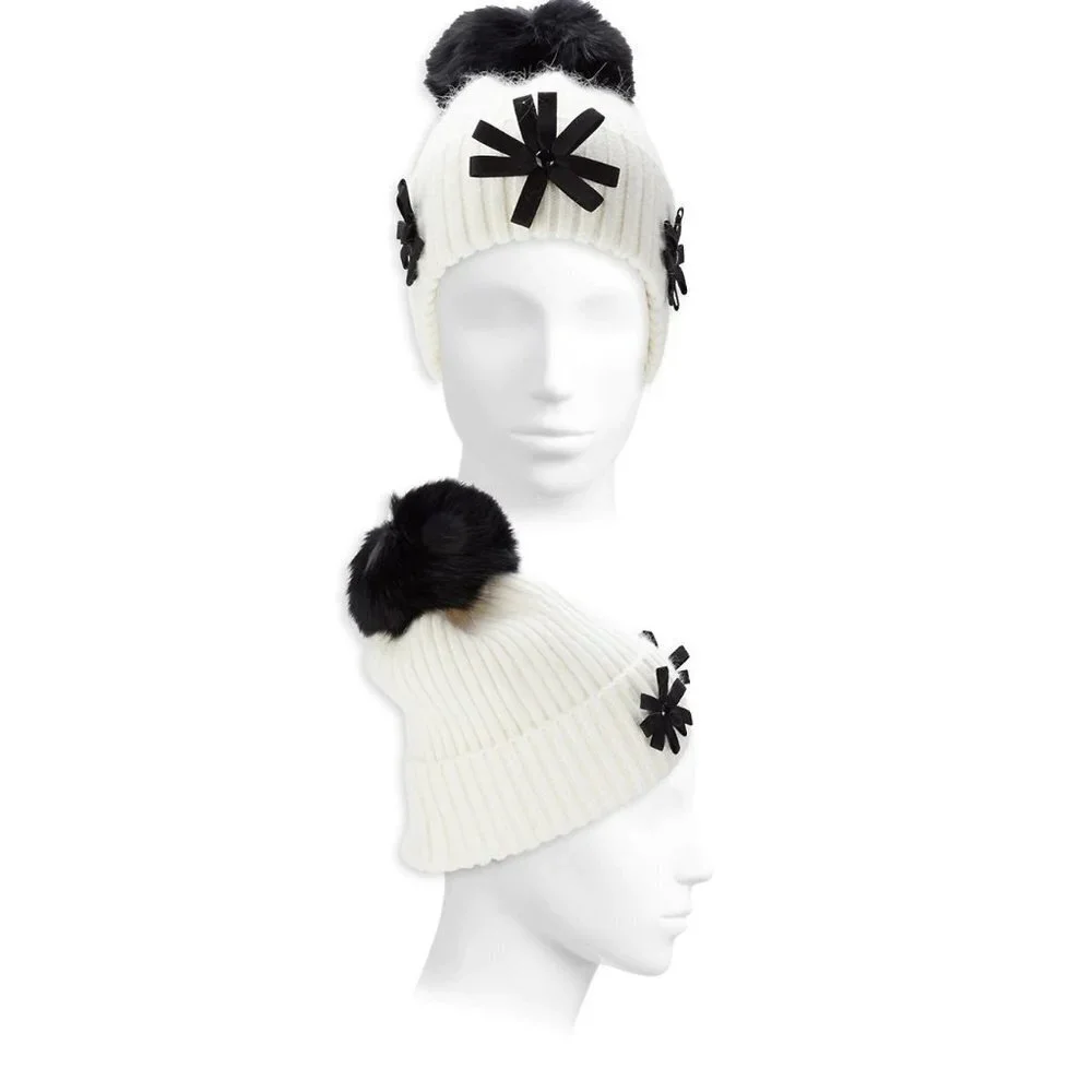 New - GLAMOURPUSS NYC Arctic Fox Fur Knit Beanie Hat White Black